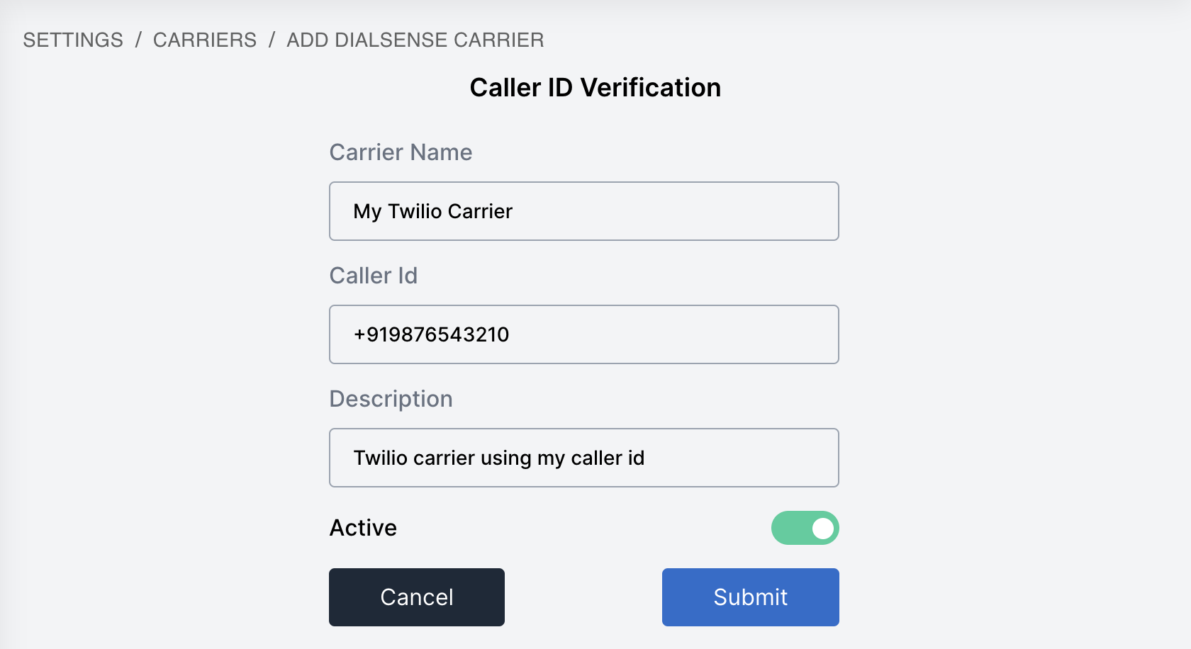 Dialsense Twilio Carrier