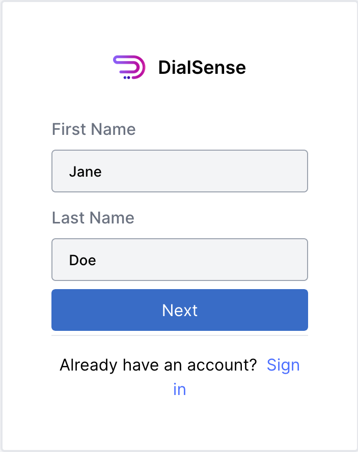 DialSense sign up page