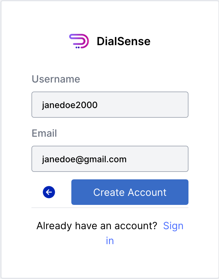 DialSense sign up page